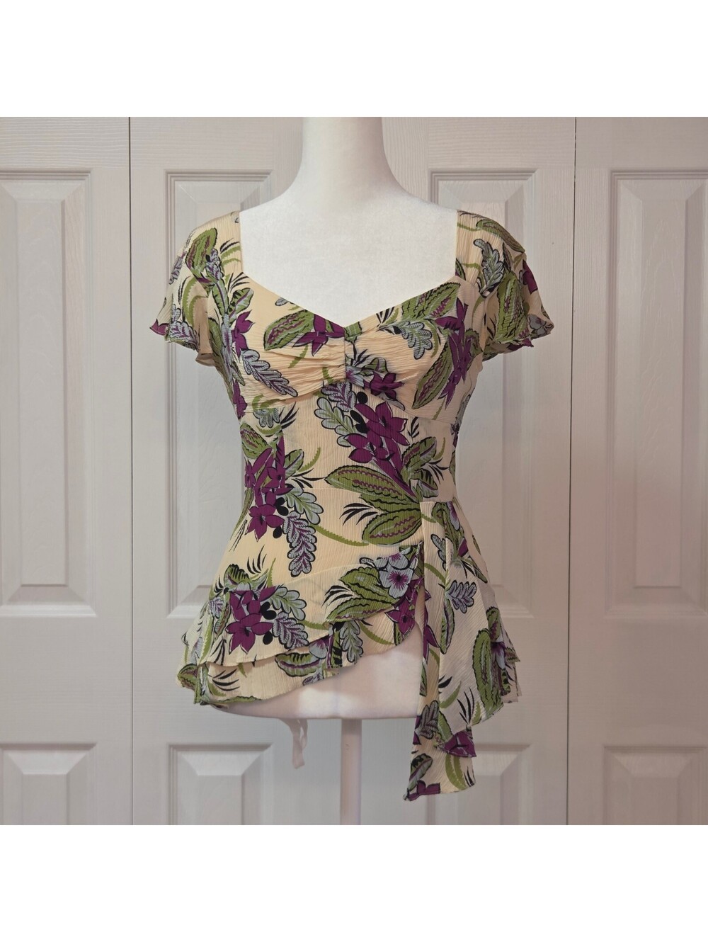 Green & Purple Floral Print Silk Babydoll Blouse Sz 2 Retro Y2K Fairy Peplum Top